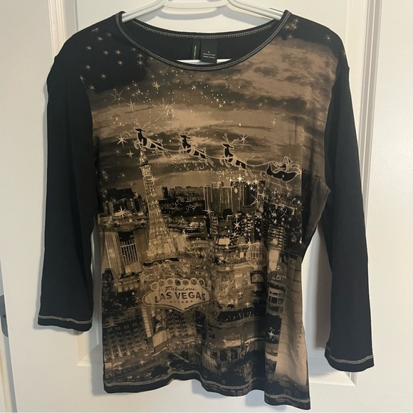 new directions Tops - New directions Christmas Sleigh Over Las Vegas Embellished Black 3/4 sleeve.